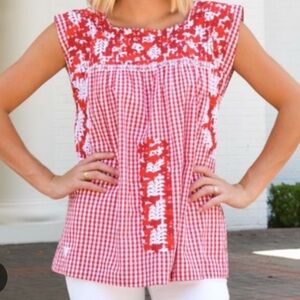 J Marie Red and White Gingham Embroidered Top